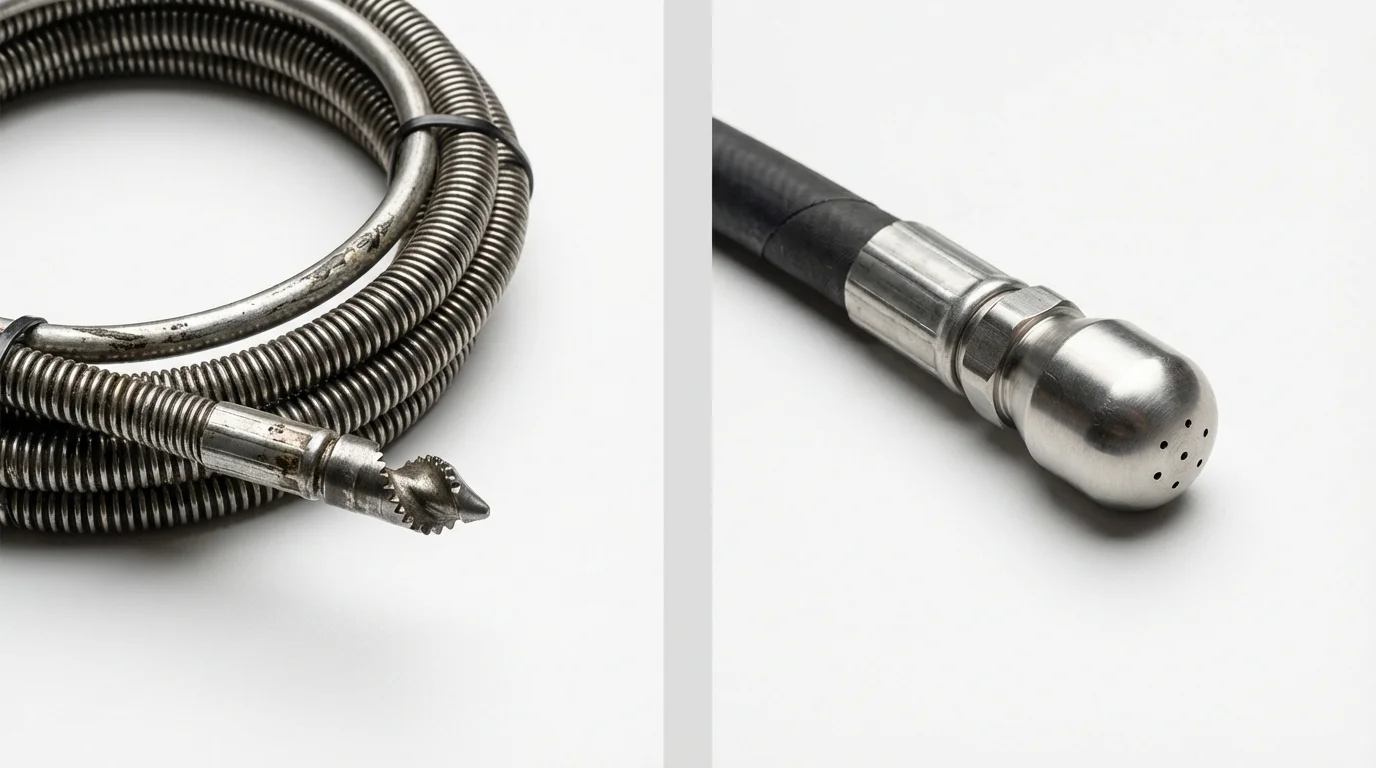 Drain snake cable and hydro jetting nozzle used for drain cleaning in Mason, TN